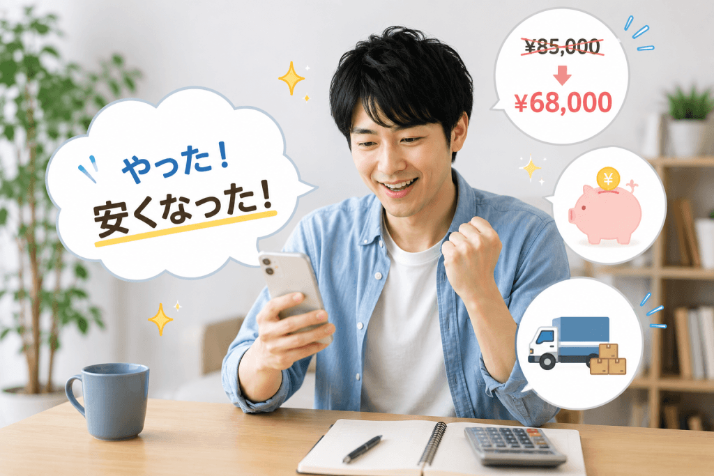 引越しの見積もり料金が安くなり喜ぶ男性
