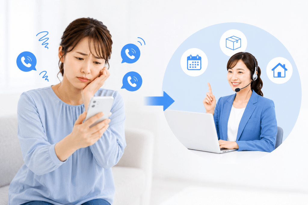 ひっきりなしにかかってくる引越し業者からの電話対応に困惑する人物のイメージ画像